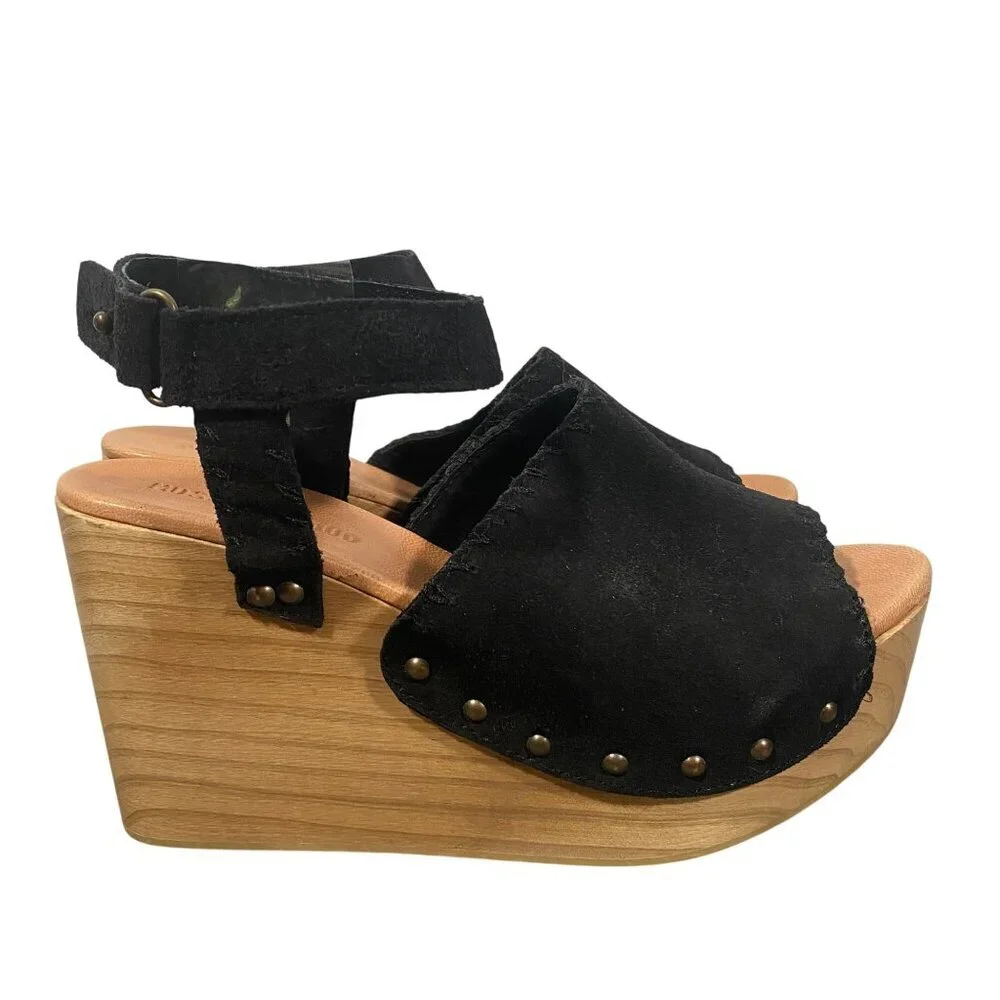 Musse & Cloud Hindix platform Wedge peep toe Sandal shoes black suede leather 9